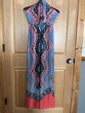 Boho Halter Maxi Dress in Coral and Teal